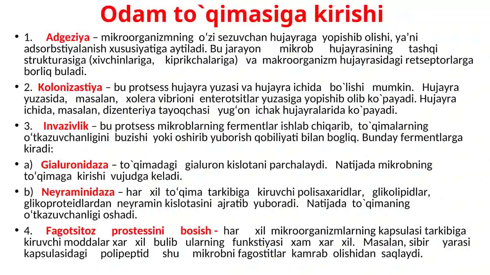 Infeksiya tushunchasi. Infeksiyon jarayonlar, infeksiyon kasalliklar, ularni laboratoriya diagnostika usullari. Mikroorganizmlar genetikasi. O’zgaruvchanlik, ularning praktikadagi ahamiyati 4