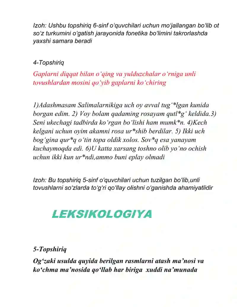fonetika - imlo, fonetika -talaffuz, leksikologiya, mustaqil so'zlar, yordamchi so'zlar, oraliqdagi so'zlar. 4
