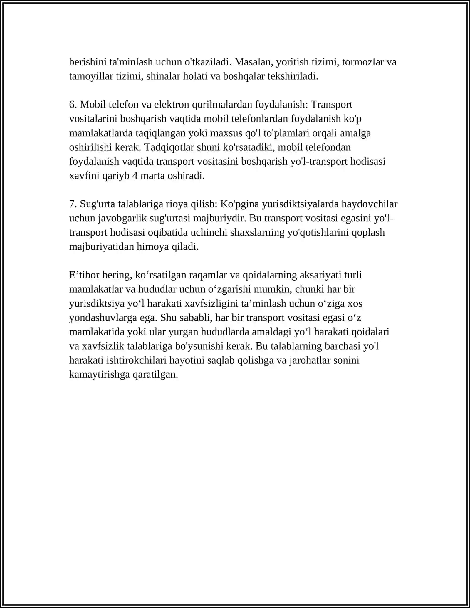 TRANSPORT VOSITALARI EGALARI TOMONIDAN YUK VA YO'LOVCHI TASHISHDA XARAKAT XAVFSIZLIGIG GO'YILADIGAN ASOSIY TALABLAR 4