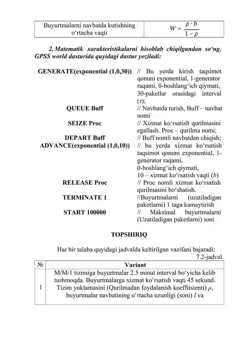 BIR KANALLI OMMAVIY XIZMAT KO‘RSATISH TIZIMINI GPSS MUHITIDA SIMULYATSIYALASH 4