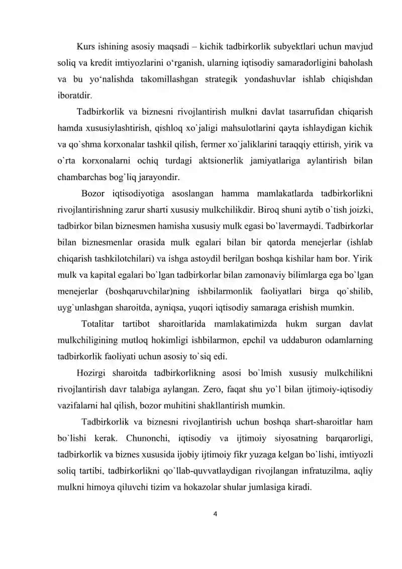 O’zbekistonda kichik tadbirkorlik subeyktlariga berilgan soliq va kredit imtiyozlari 4