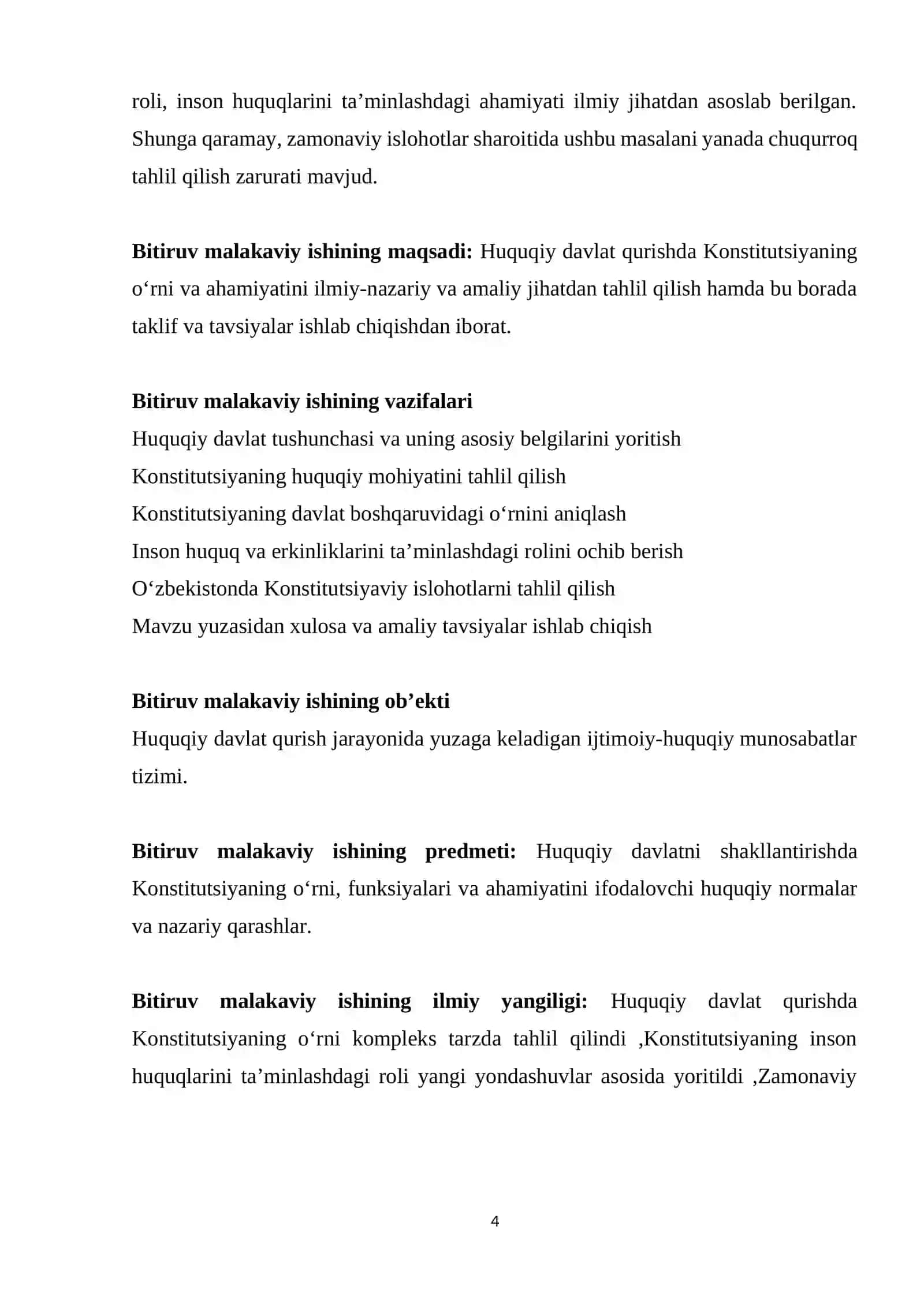 Malakaviy ish "Huquqiy davlat qurishda Konstitutsiyaning o‘rni va ahamiyati" 4