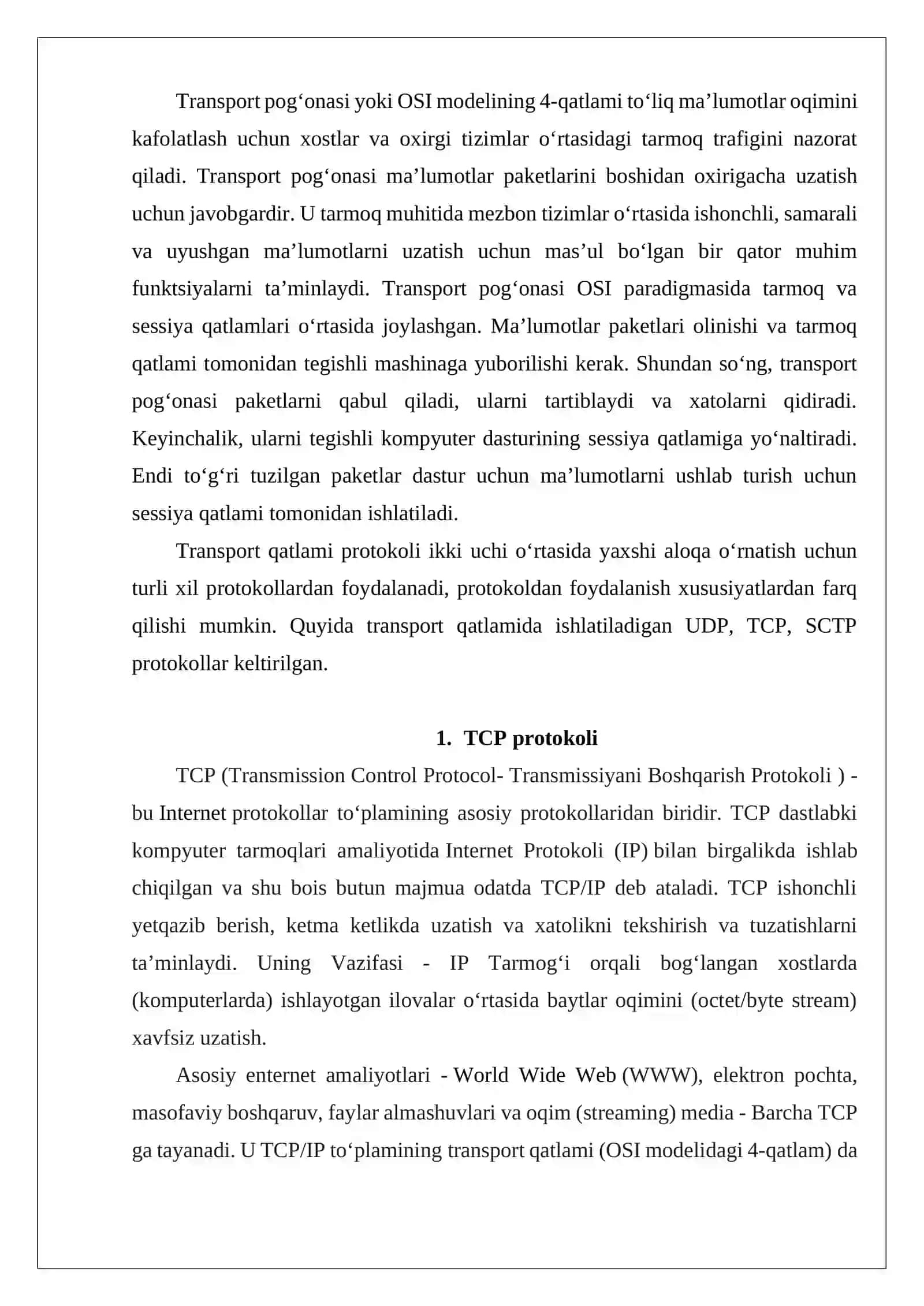 Transport pog‘onasi protokollari. Funksiyasi. UDP. TCP. SCTP 4