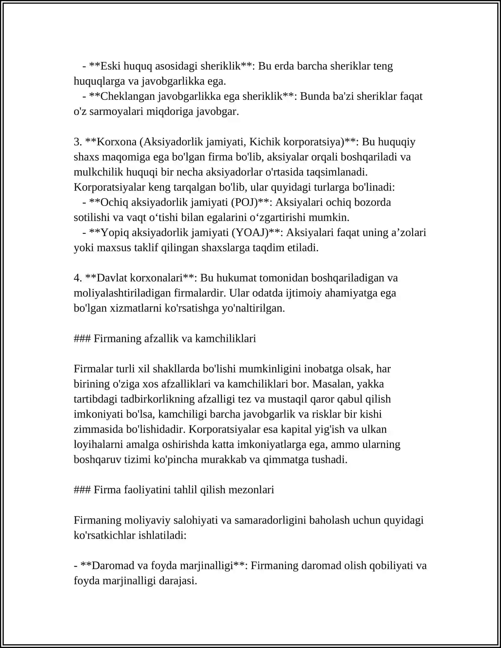 MUSTAQIL ISH Mavzu: FIRMA VA ULARNING TASHKILIY-IQTISODIY ASOSLARI 4