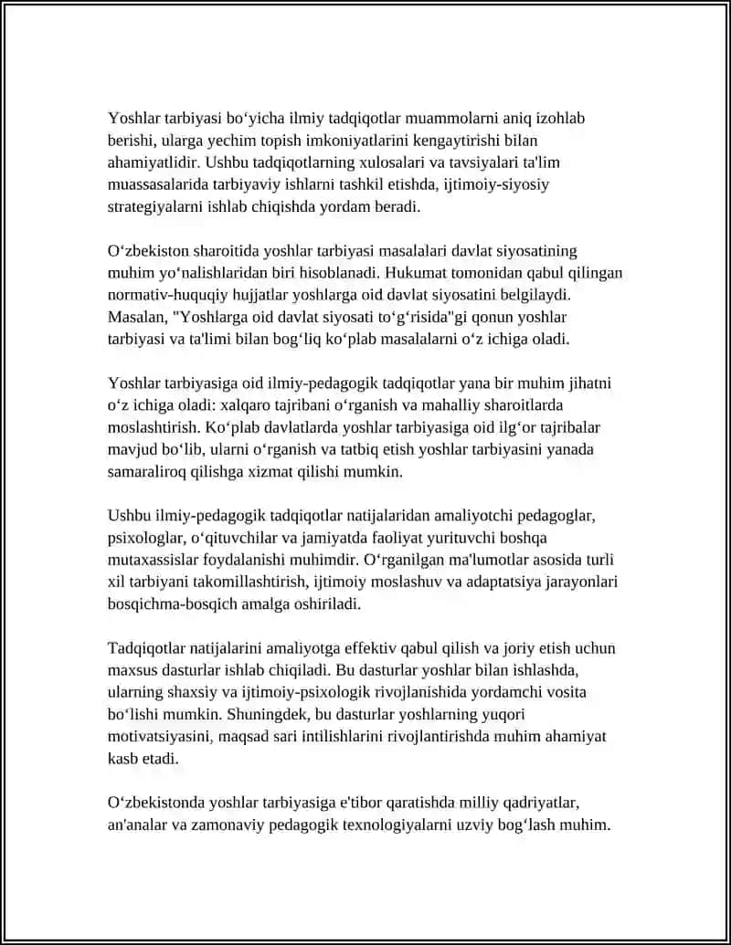 YOSHLAR TARBIYASI. YOSHLAR TA'LIM TARBIYASI MUAMMOLARINI TADQIQ ETISHNING ILM PEDAGOGIK METODLARI 4