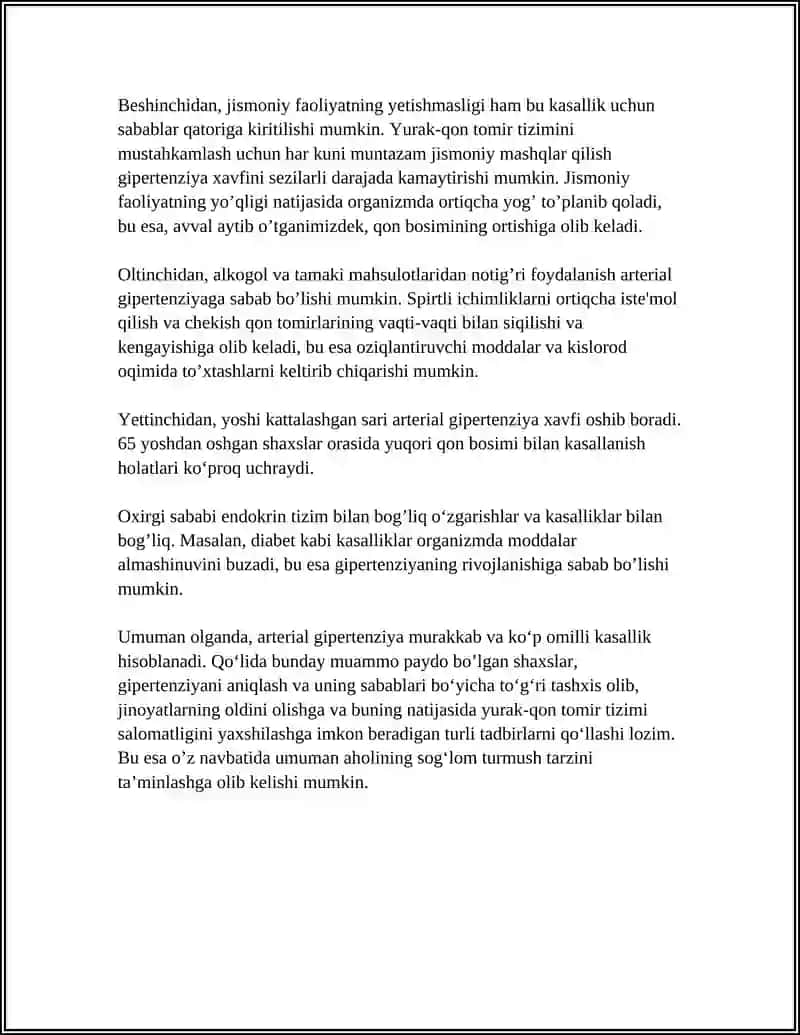 REFERAT Mavzu: ARTERIAL GIPERTENZIYA, GIPERTONIYA KASALLIGI VA BUYRAKKA BOG‘LIQ BO‘LGAN ARTERIAL GIPERTENZIYA ETIOLOGIYASI, PATOGENEZI TASNIFI 4