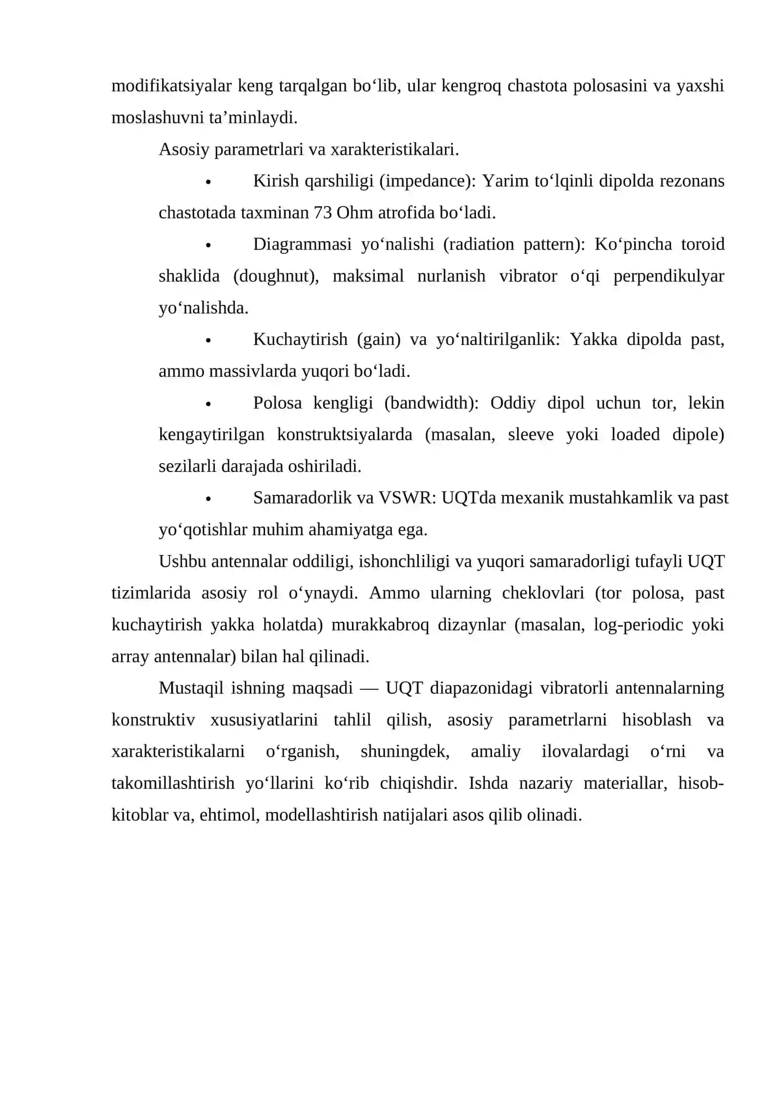 UQT diapazonidagi vibratorli antennalarning konstruktiv xususiyatlari, parametrlari  va xarakteristikalari 4