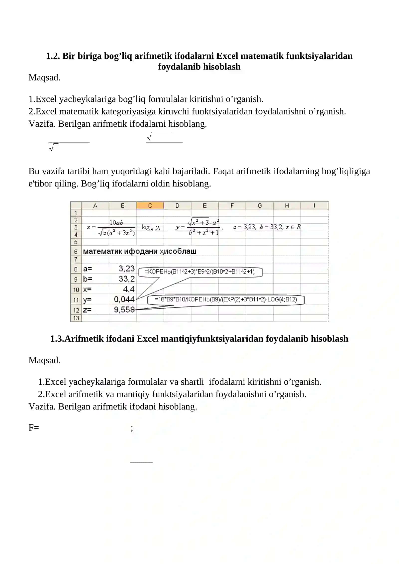 INFORMATIKA FANIDAN MS EXCELDA MUSTAQIL DARS MASHG’ULOTLARI UCHUN MISOL VA MASALALAR VARIANTLARI TO’PLAMI 4