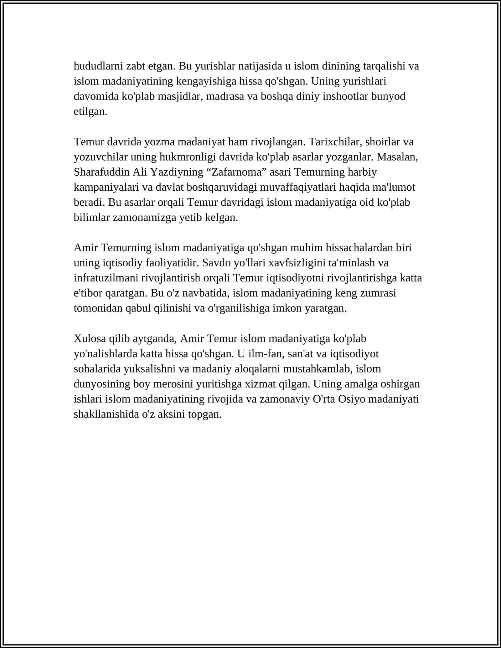 AMIR TEMUR VA TEMURIYLARING ISLOM TARAQIYYOTIGA QO`SHGAN XISSASI 4