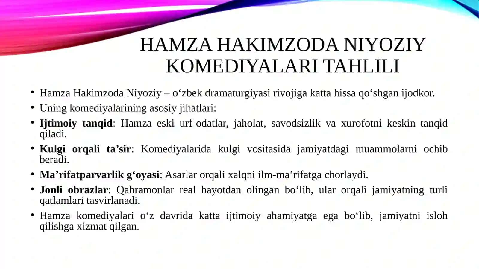 Abdulhamid Cho‘lpon she‘rlari tahlili H.H. Niyoziyning komediyalari tahlili. "Paranji sirlari" dramasi 4