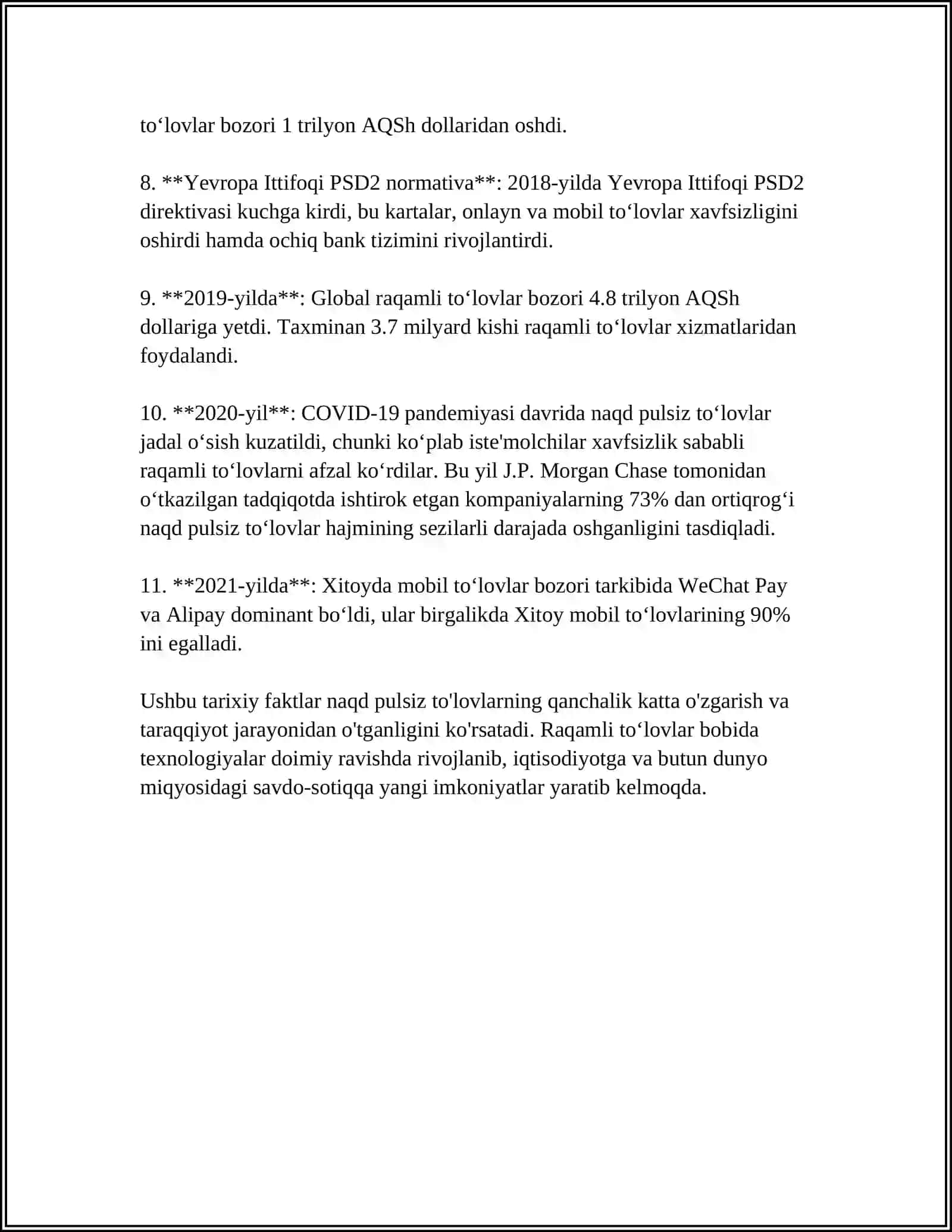 TO'LOV VOSITALARINING TURLARI. NAQD PULSIZ PUL VA TO'LOVLAR 4