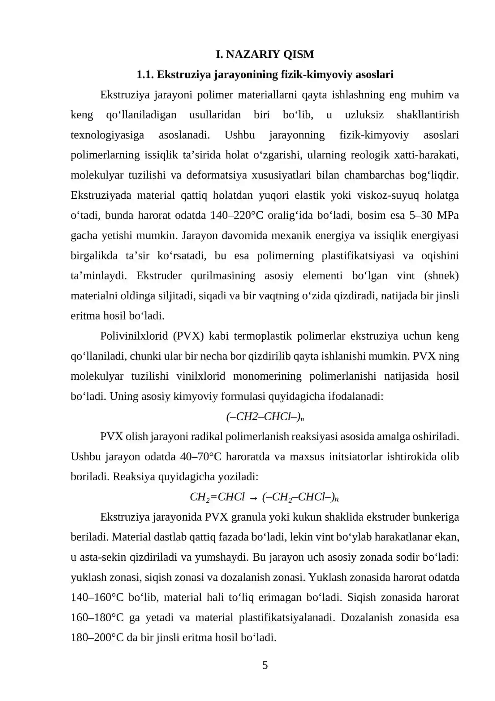 Ekstruziya usuli bilan yiliga 1 mln p/m PVX kompozitsiya bilan izolyasiyalangan kabel ishlab chiqaradigan boʻlimning loyihasi 4
