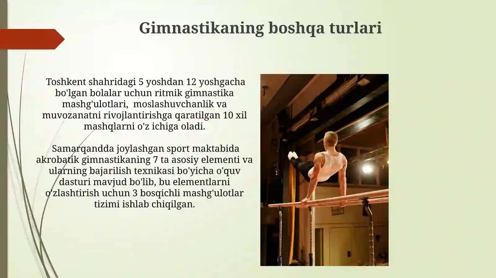 Sport gimnastikasi mashg'ulotlari Toshkentdagi ixtisoslashtirilgan sport maktablarida 4