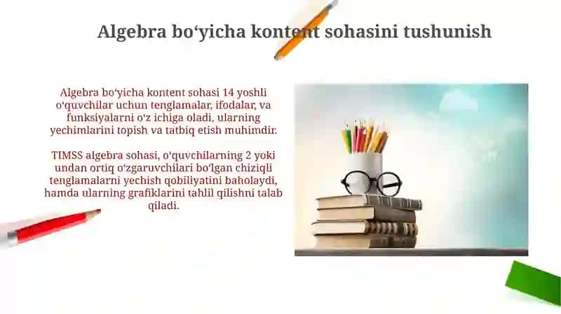 TIMSS xalqaro baholash dasturida"Algebra mazmun sohasiga oid mashgʻulot ishlanmasini yaratish 4