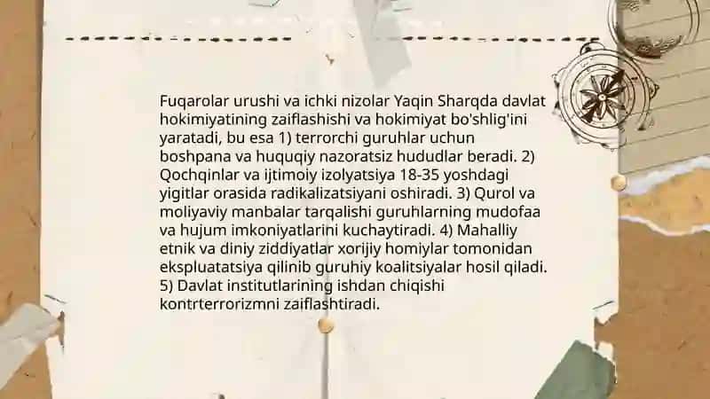 Yaqin sharqda terrorchi guruhlarni paydo boʻlishi sababli va kuchayishi 4