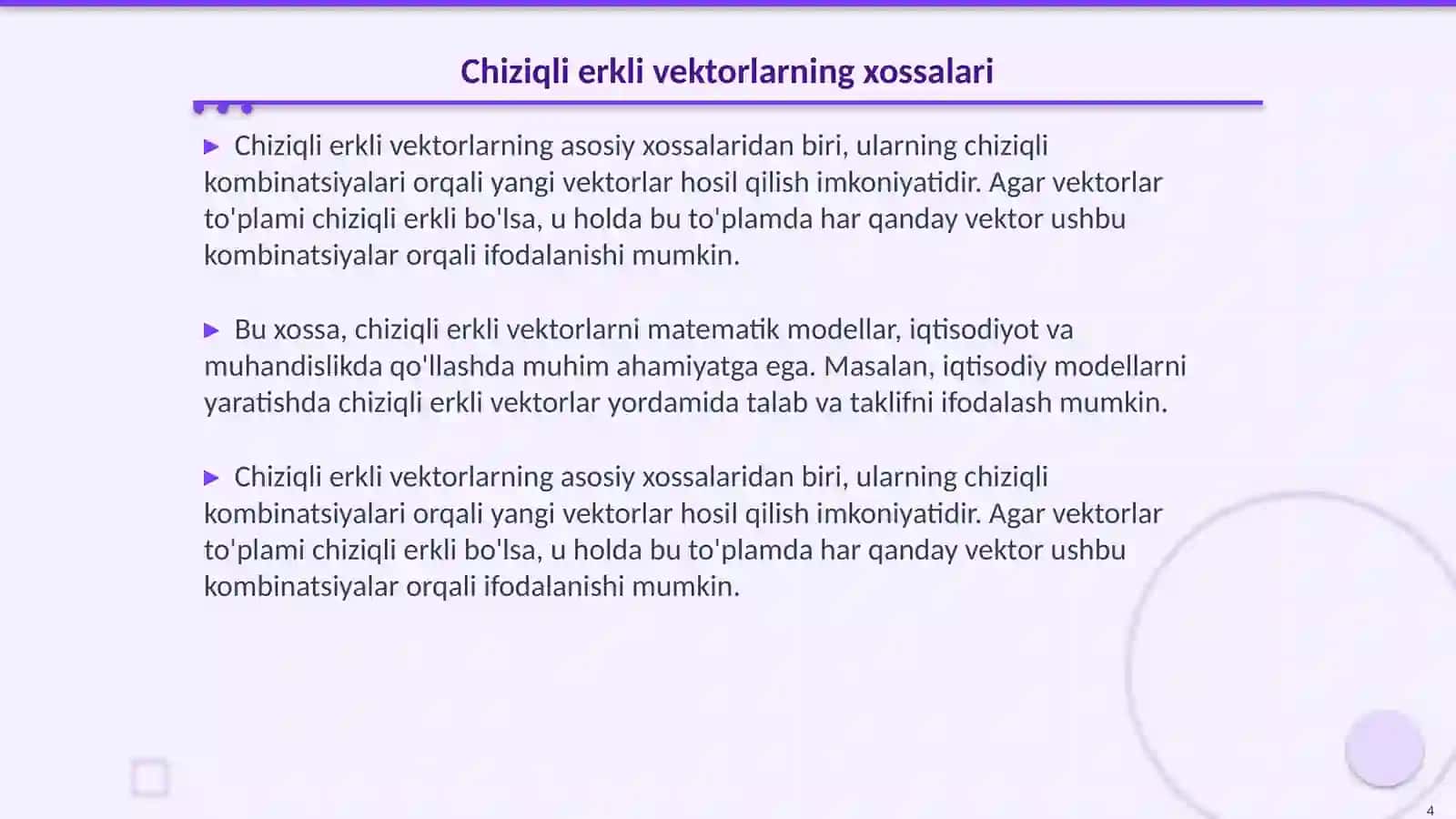 Chiziqli erkli va chiziqli bog'lanishli vektorlar oilasi 4