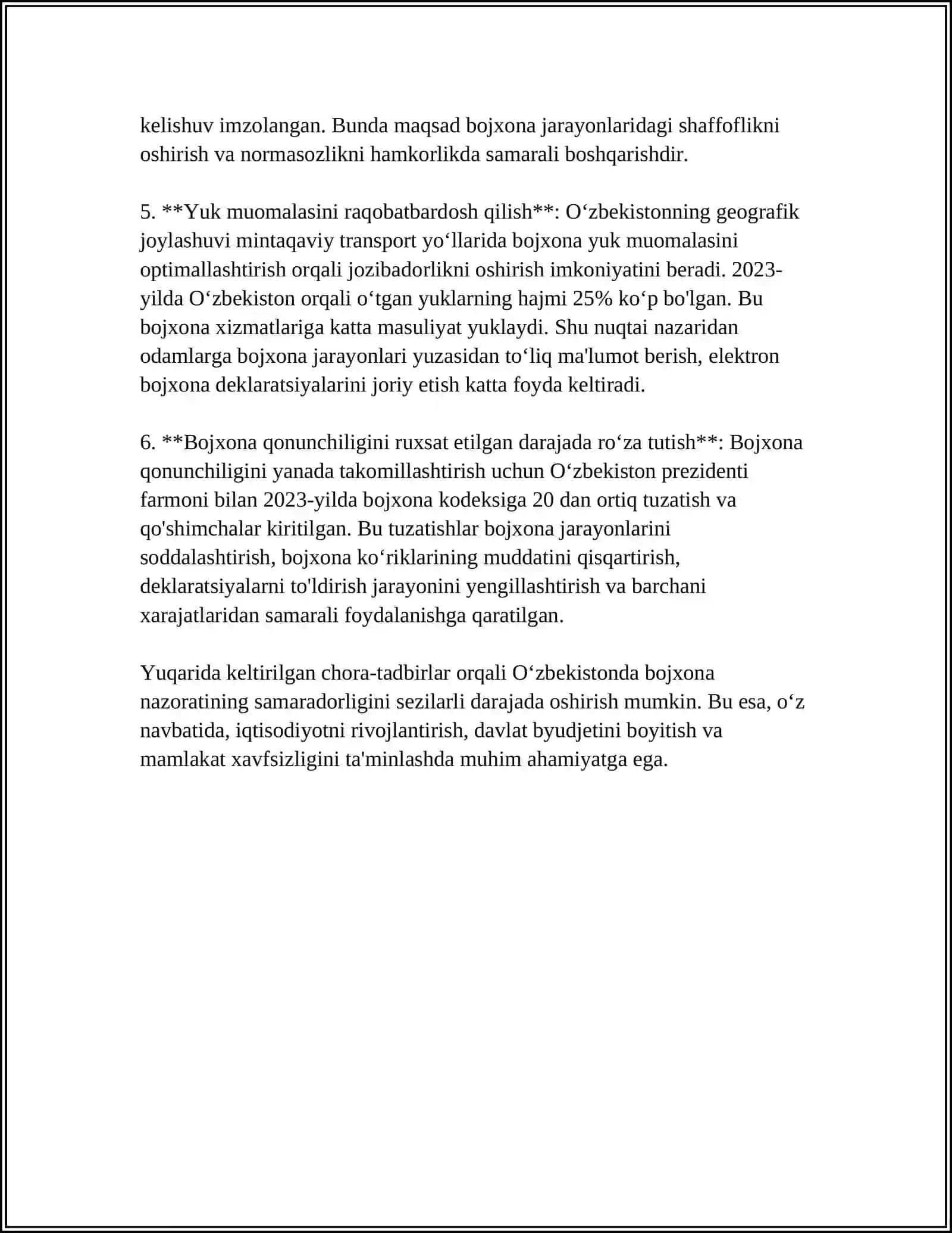 O'ZBEKISTON RESPUBLIKASI BOJXONA TIZIMIDAGI MUAMMOLLAR VA ULARNING YECHIMLARI 4