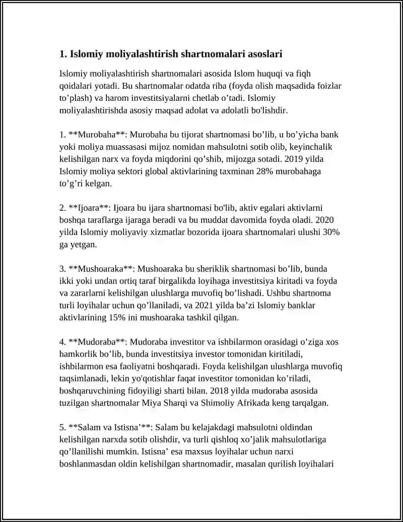 ISLOMIY MOLIYALASHTIRISH SHARTNOMALARIDA FOYDA VA ZARAR TAQSIMOTINI BELGILASH VA ISLOM BANK STANDARTLARIDA FOYDA VA ZARAR TAQSIMOTIGA DOIR QOIDALAR 4