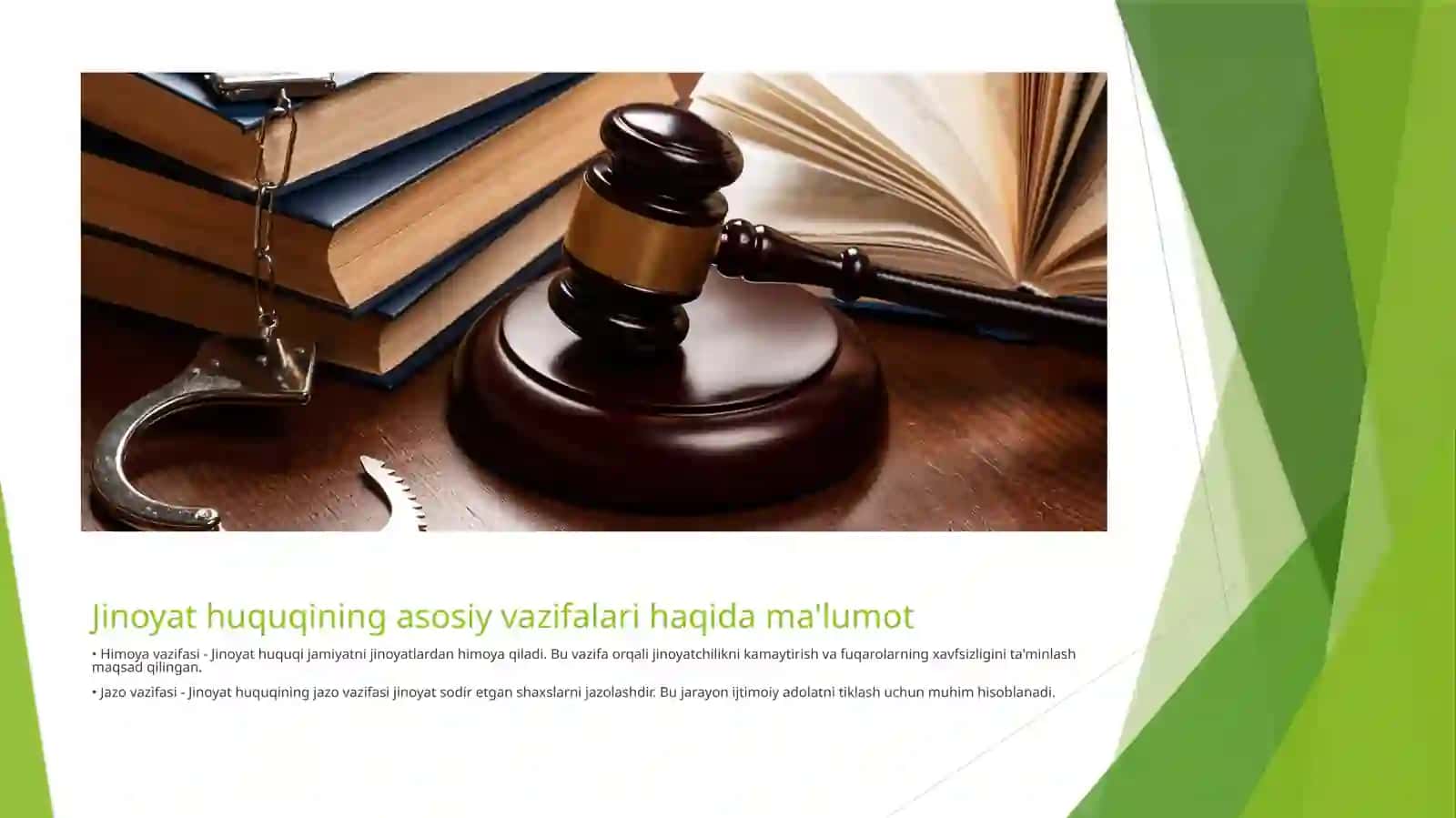 Jinoyat huquqining boshqa huquq xususan boshqa huquq tarmoqlaridan oʻziga xos vazifalari,predminti va tartibga solish metodlari bilan farq qilishi 4