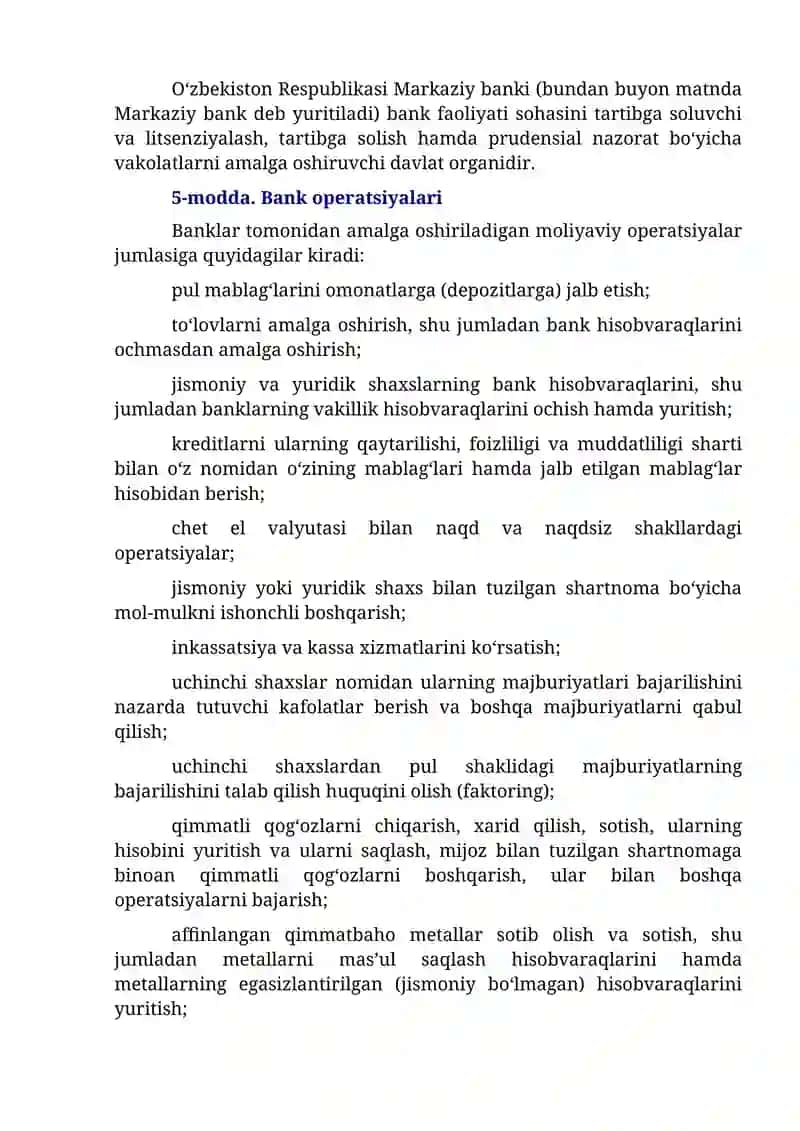 O‘zbekiston Respublikasining Qonuni “Banklar va bank faoliyati to‘g‘risida”gi O‘zbekiston Respublikasi Qonuniga O‘zgartish va Qo‘shimchalar Kiritish Haqida 4