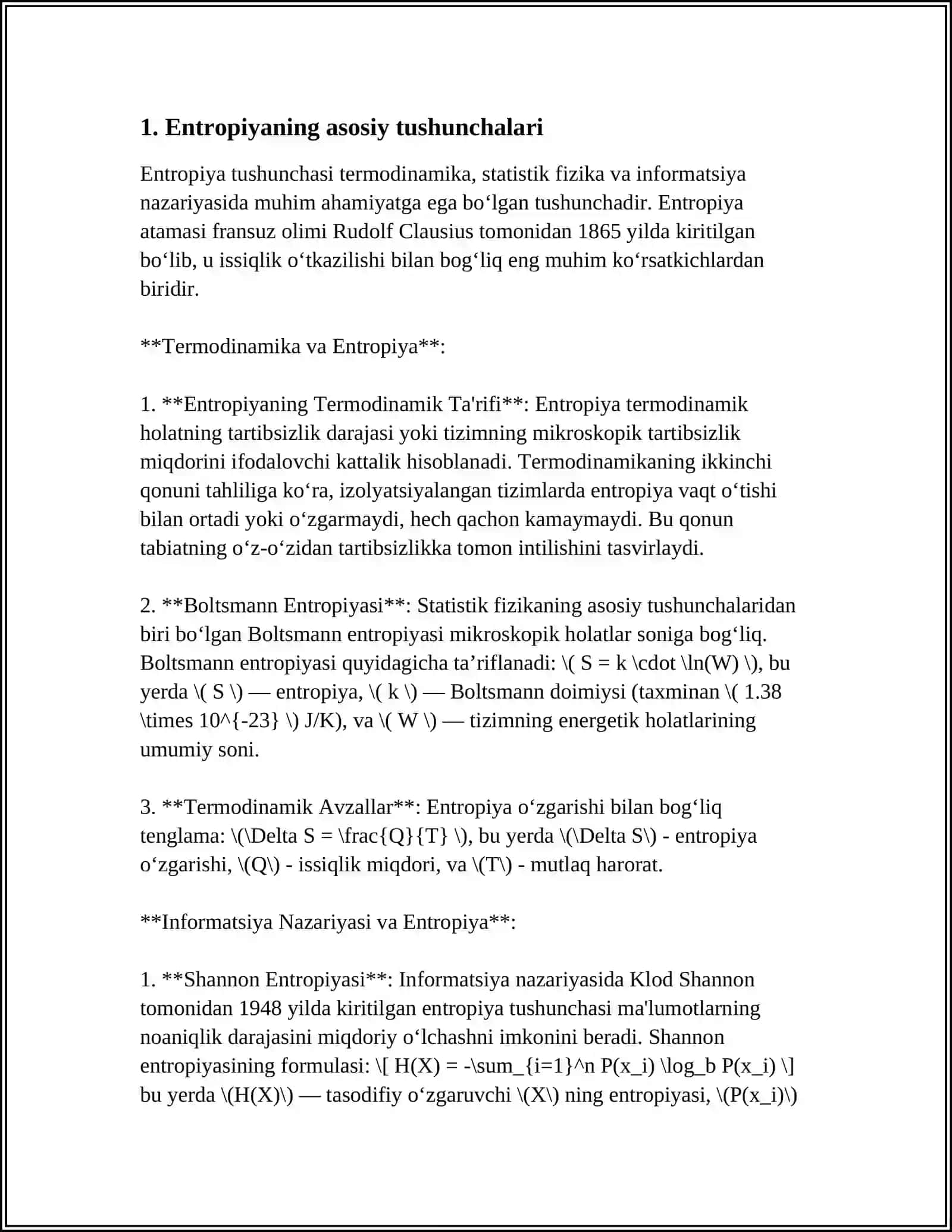 OCHIQ TIZIMLARDA ENTROPIYANING LOKAL KAMAYISHI. DISSIPOTIV STRUKTURALAR 4