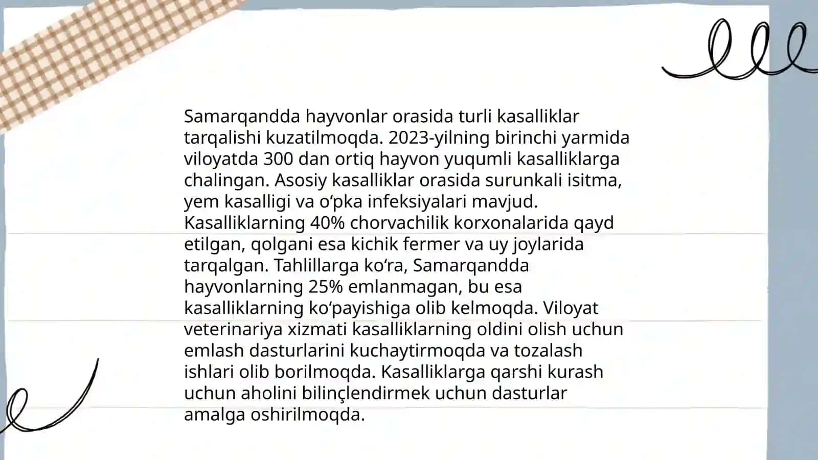 Samarqand shahar hayvonlar kasalliklari tashxisi va oziq-ovqat mahsulotlari xavfsizligi davlat markazida amaliyot o'tash davriga taluqli mavzular 4