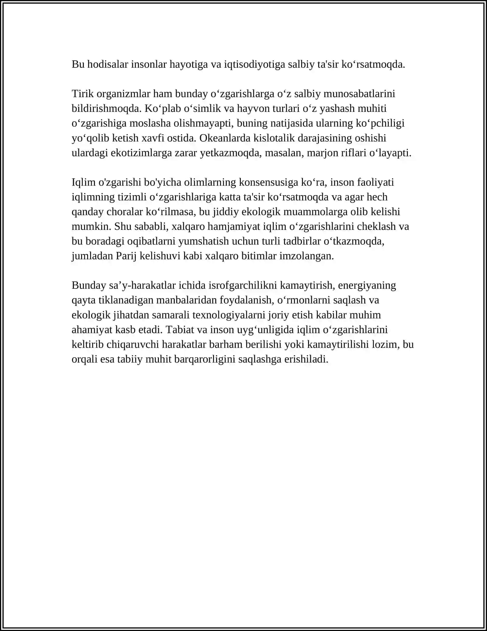 INSON FAOLIYATINING TABIYATGA TA'SIRI VA TABIYATNING JAVOBI KOLLEJ 4