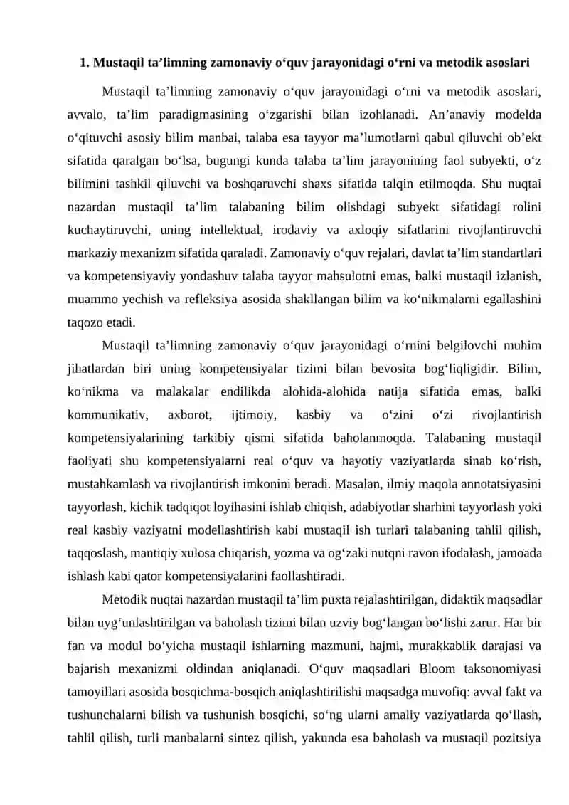 Metolist Sh.I. Yo‘ldoshevning "Talabalarning mustaqil ta’limining zamonaviy o‘quv jarayonida ahamiyati va o‘rni" 4