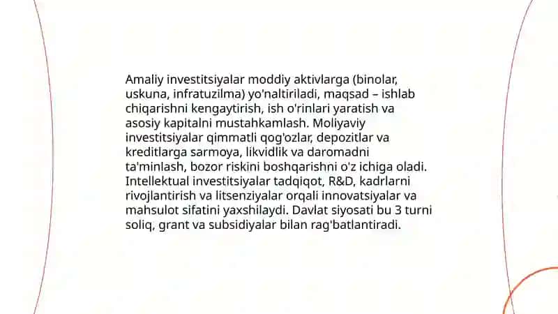 Investitsiyalarning mohiyati turlari investitsion faoliyat va davlat siyosati 4