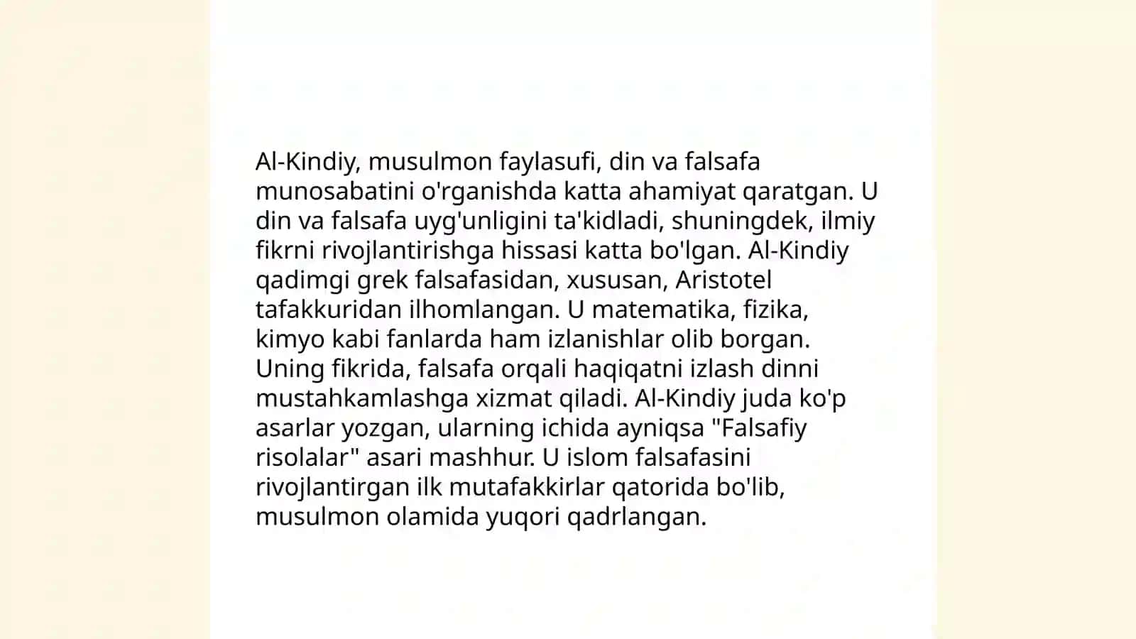 O'rta asr Sharq allomalari Al Kindiy, Ibn Rusht, Ab Marry, Farobiy, Ibn Sino, Umar Xayyorillarning falsafiy-diniy qarashlari 4