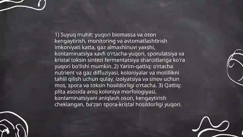 Bacillus thurigiensis entomopatogen bakteriyasini turli oziqa muhitlarida o‘stirish 4