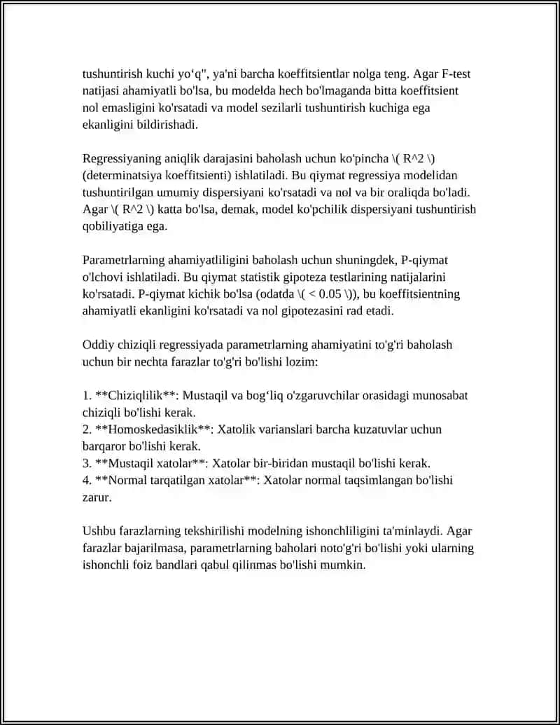 REGRESSIYA TENGLAMALARI VA ULARNING PARAMETRLARINI AHAMIYATSIZLIGINI TEKSHIRISH 4