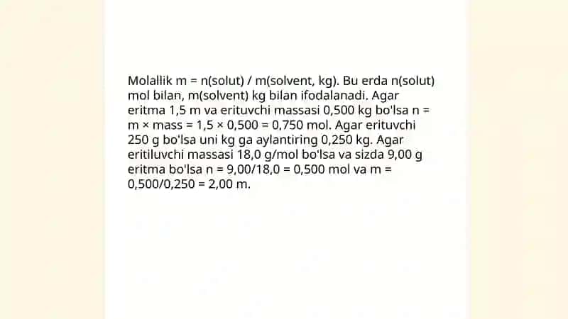 Molarlik (M) tushunchasi va konsentratsiyani mol/L da hisoblash 4