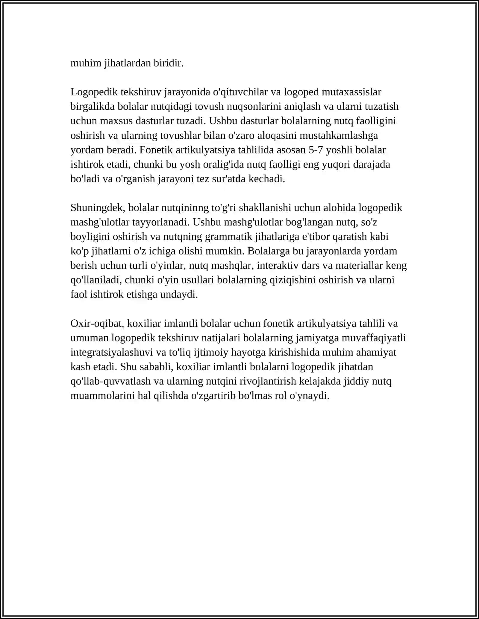 KOXILIAR IMLANTLI BOLALAR NUTQINI FONETIK FONEMATIK GRAMATIK LUG'AT TOMONLARINI LOGOPEDIK TEKSHIRISH 4