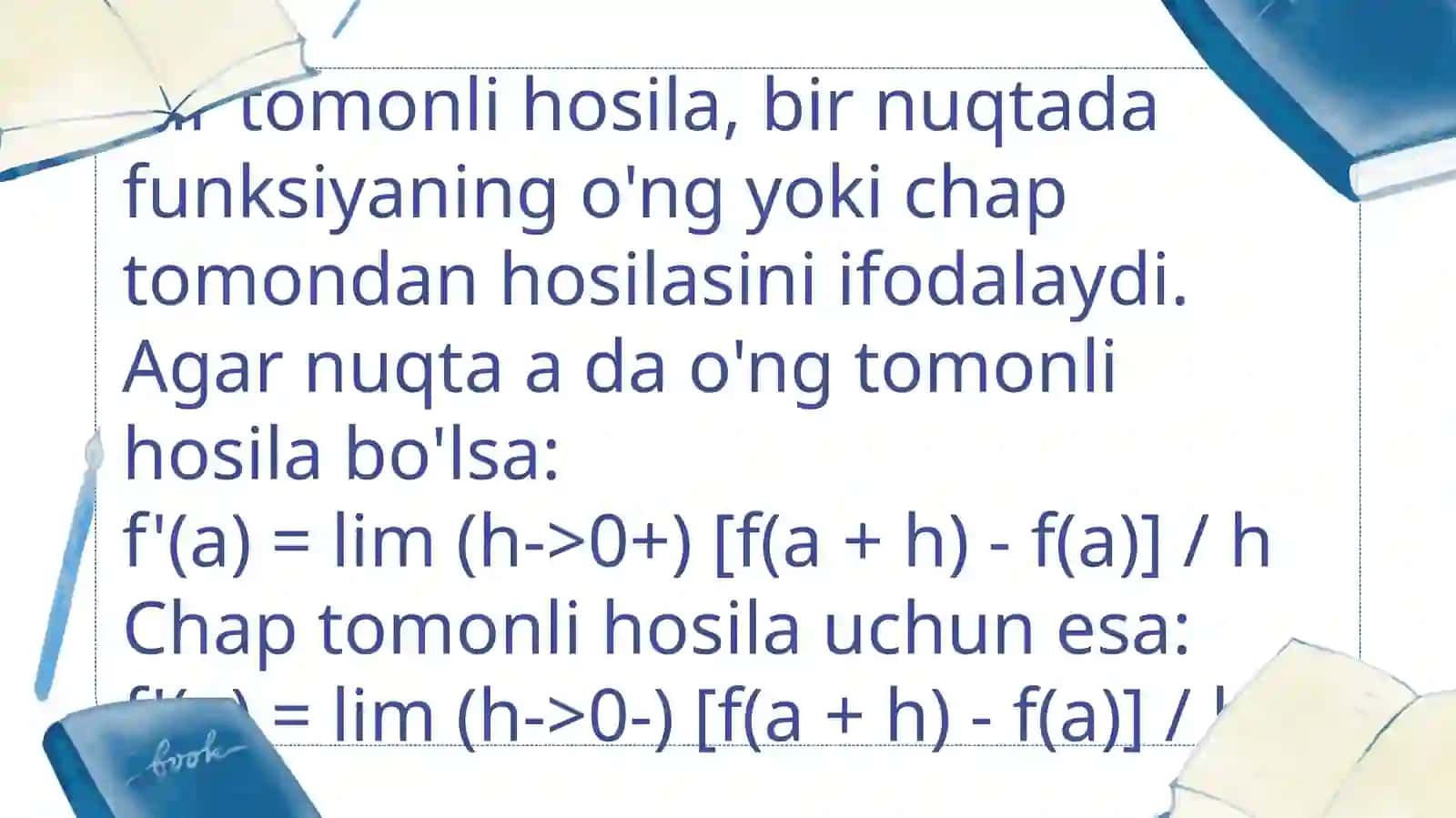 Murakkab funksiya hosilasi. Bir tomonli hosila. Cheksiz hosila. Nuqtada hosila mavjud boʻlmagan holga misol 4