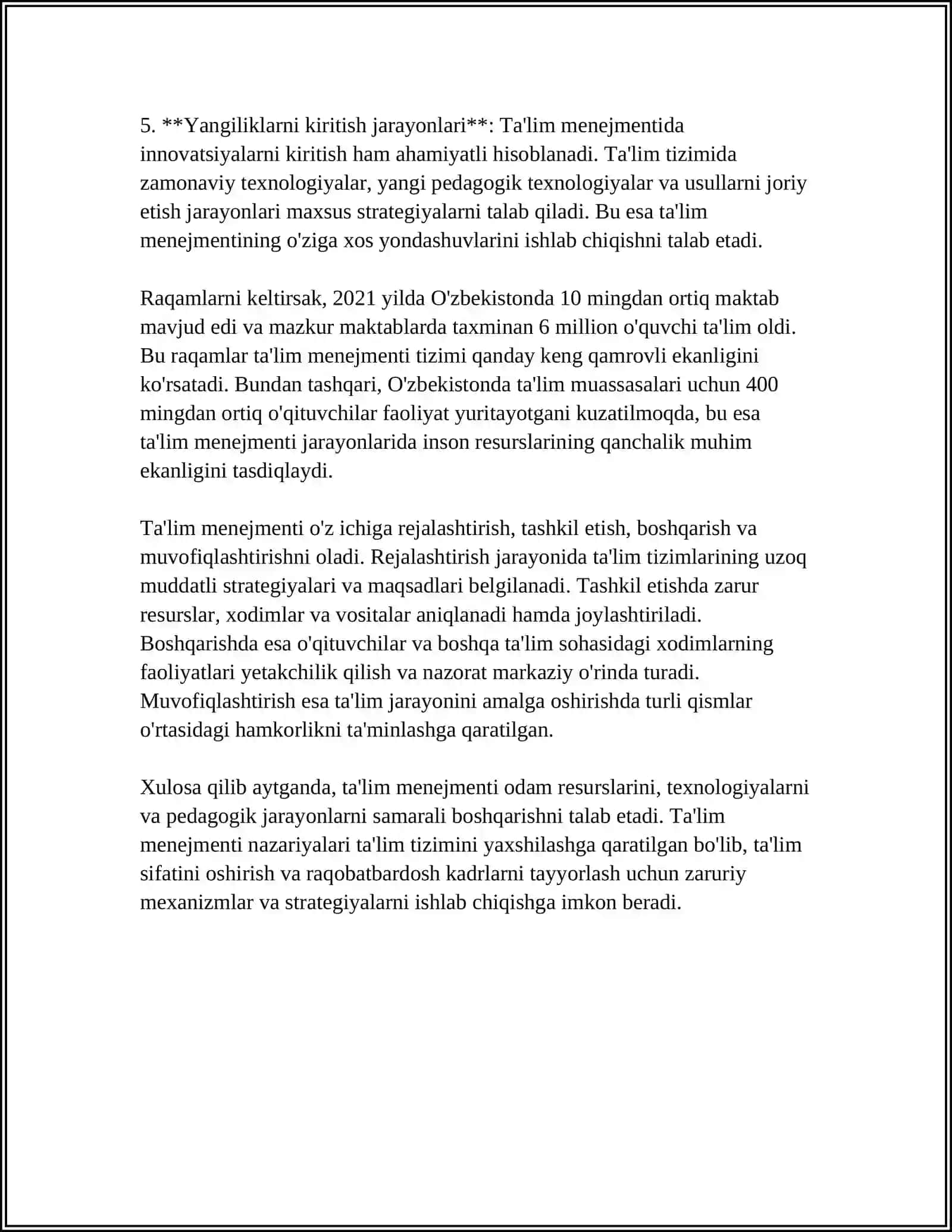 MUSTAQIL ISH Mavzu: TA'LIM MENEJMENTI ASOSLARI 4