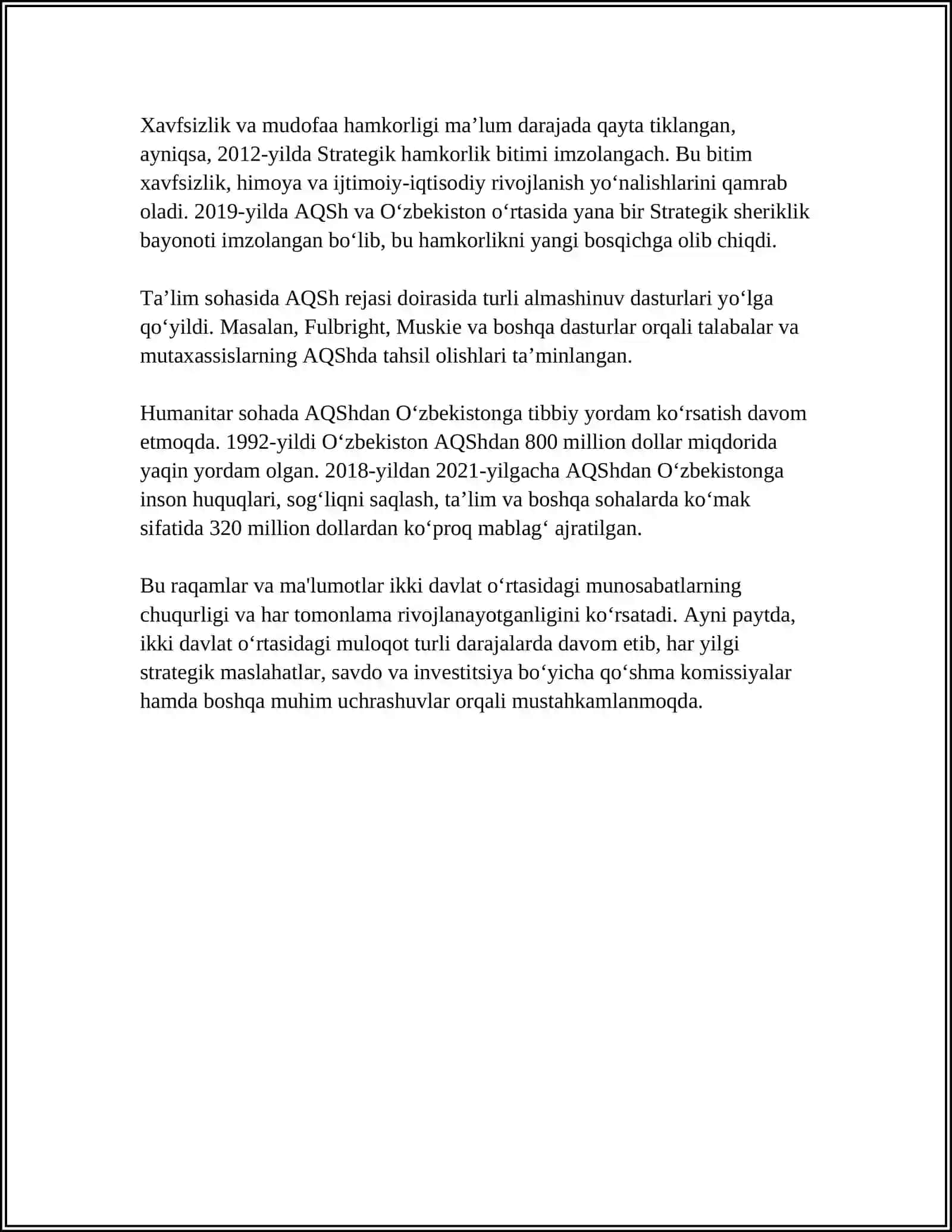 O'ZBEKISTON RESPUBLIKASINING AQSH BILAN HAMKORLIGI VA UNING HUQUQIY ASOSLARI 4
