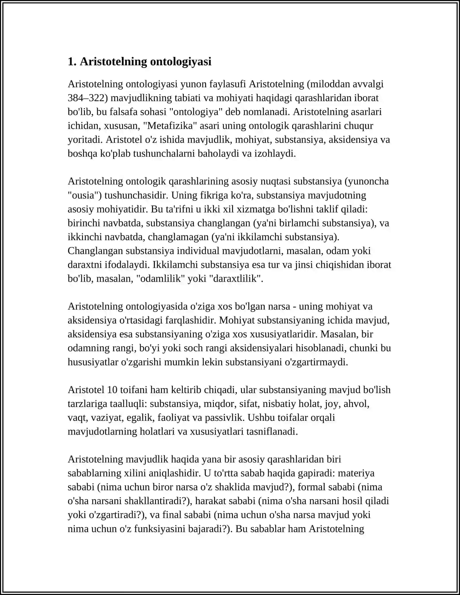 ARISTOTEL, FOROBIY VA KANT ONTOLOGIYASIDA KATEGORIYALARNING TASNIFI” MAVZUSIDA ESSE TAYYORLASH 4