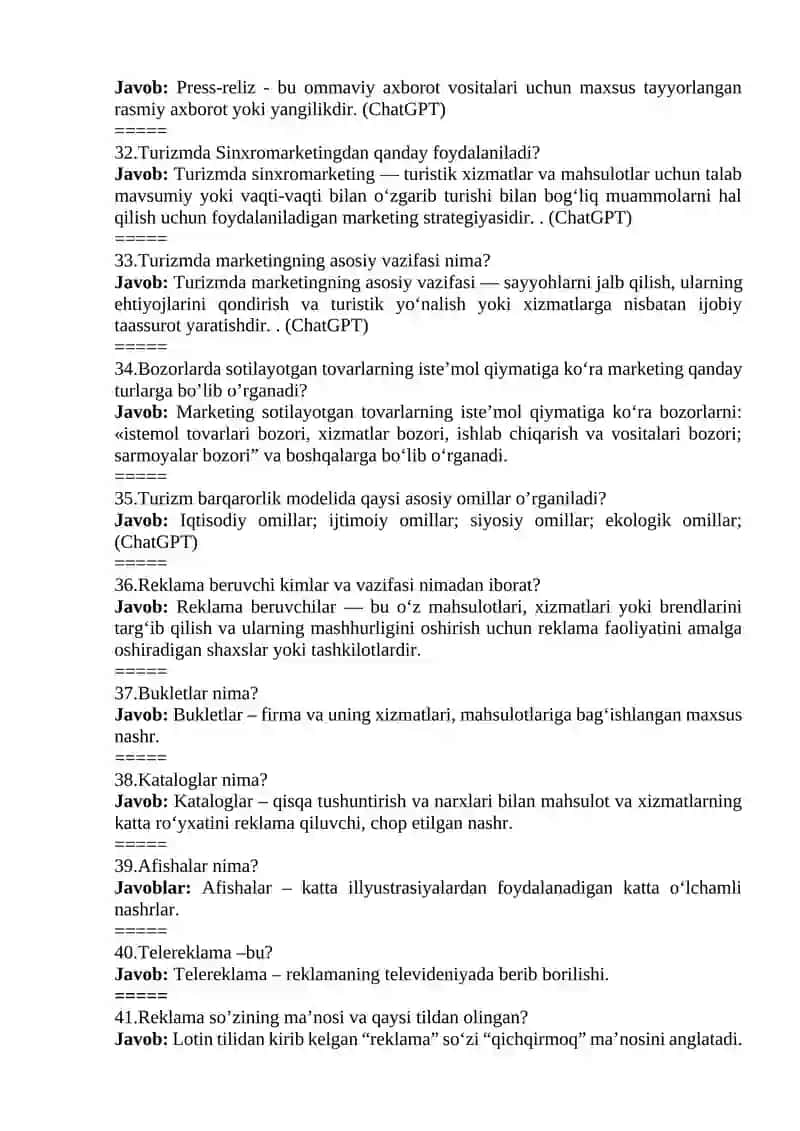 TURIZM MARKETINGI  FANIDAN TEST SAVOLLARI 4