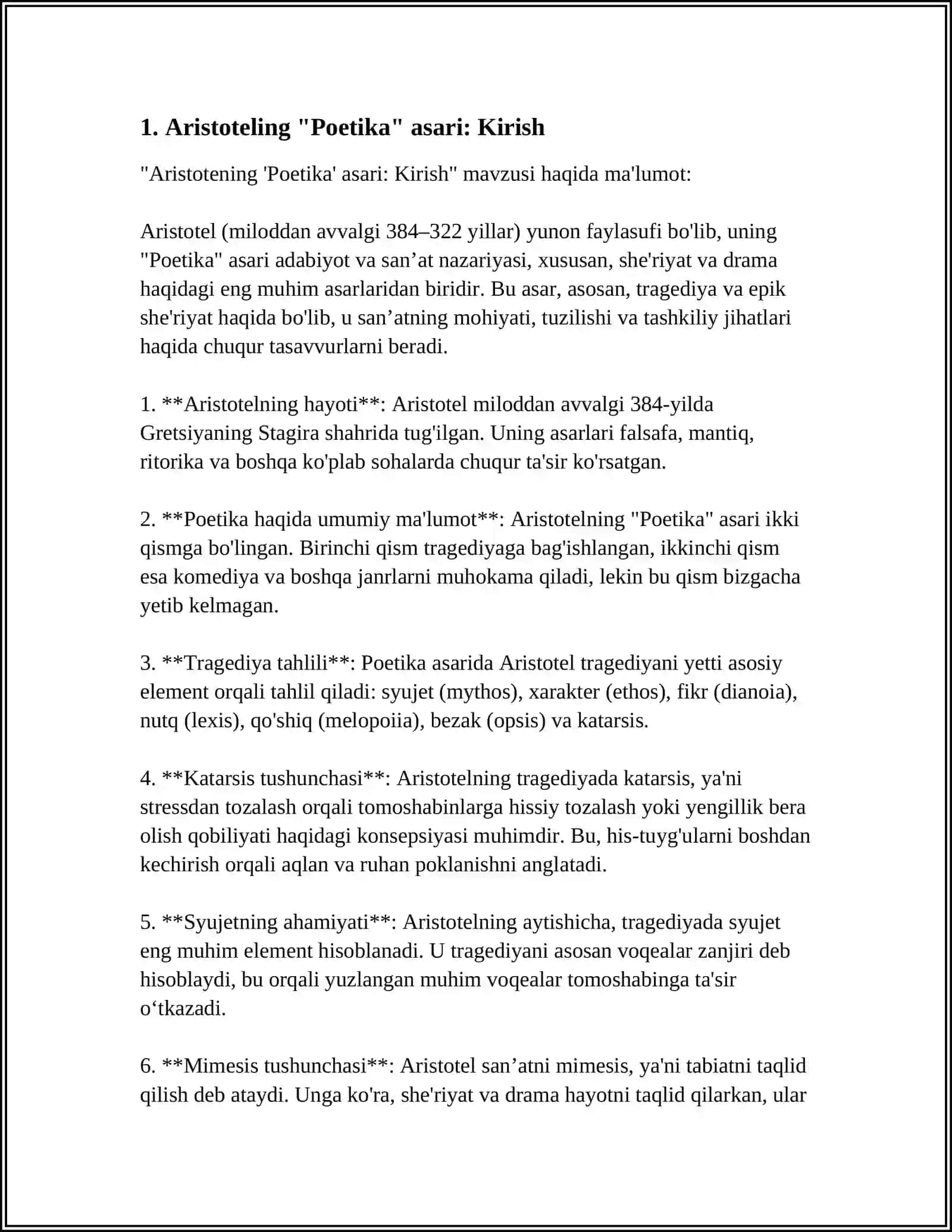 ARISTOTELNING “POETIKA” ASARINI O‘QIB O‘RGANISH; FOROBIYNING “SHE’R SAN’ATI” ASARINI O‘QIB-O‘RGANISH; ALISHER NAVOIYNING “MAJOLIS UN NAFOIS” ASARINI O‘QIB-O‘RGANISH; ALISHER NAVOIYNING “MEZON UL AVZON” ASARINI O‘QIB-O‘RGANISH; ALISHER NAVOIYNING “MUHOKAMAT UL LUG‘ATAYN” ASARINI O‘QIB-O‘RGANISH 4