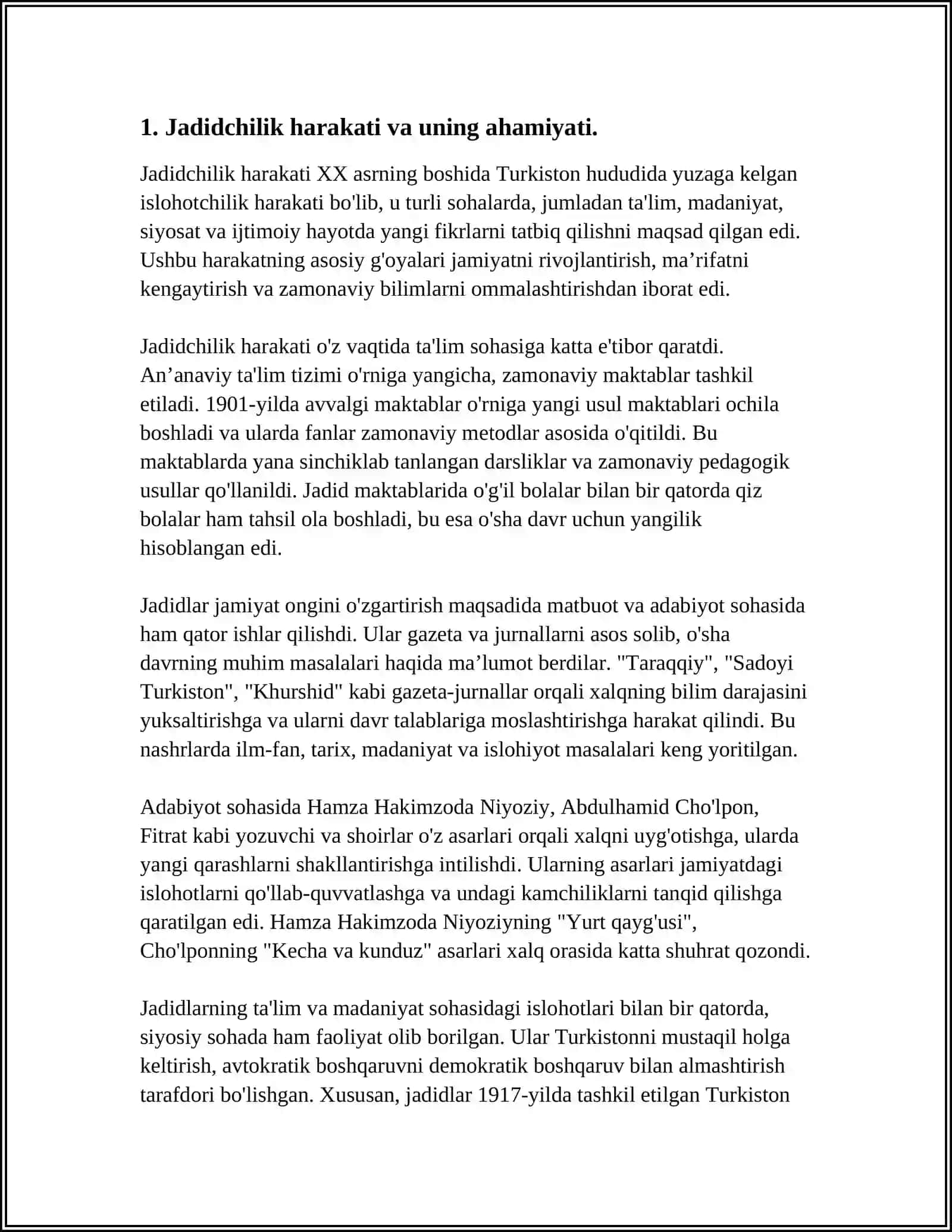 JADID MA'RIFATPARVARVARLARINING IJTIMOIY-MANAVIY HAYOTIDA TUTGAN OʻRNI(MUNAVVARQORI,FITRAT, BEHBUDIY, AVLONIY) 4
