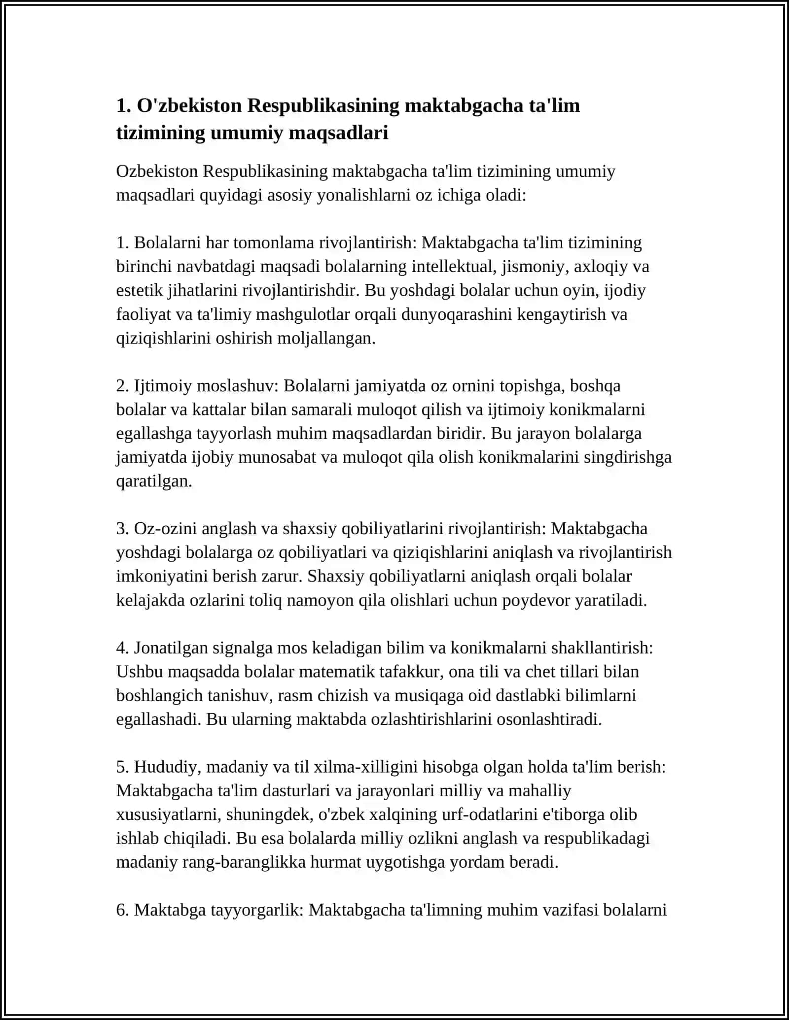 O'ZBEKISTON RESPUBLIASINING MAKTABGACHA TA'LIM TARBIYA TO'GRISIDAGI QONUNINI AMALIYOTGA TADBIQ ETISH 4