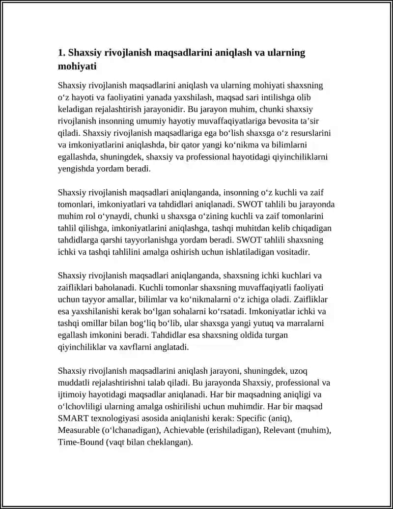 SHAXSIY RIVOJLANISHNI REJALASHTIRISH MAQSADI VA MOHIYATI. SWOT VA PEST TAHLILLARI 4