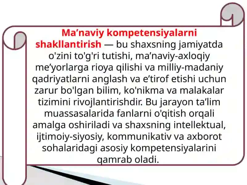 Taʼlim-tarbiya jarayonida oʼquvchilarni maʼnaviy   kompetentsiyalarini shakllantirishda kreativ yondoshuv 4