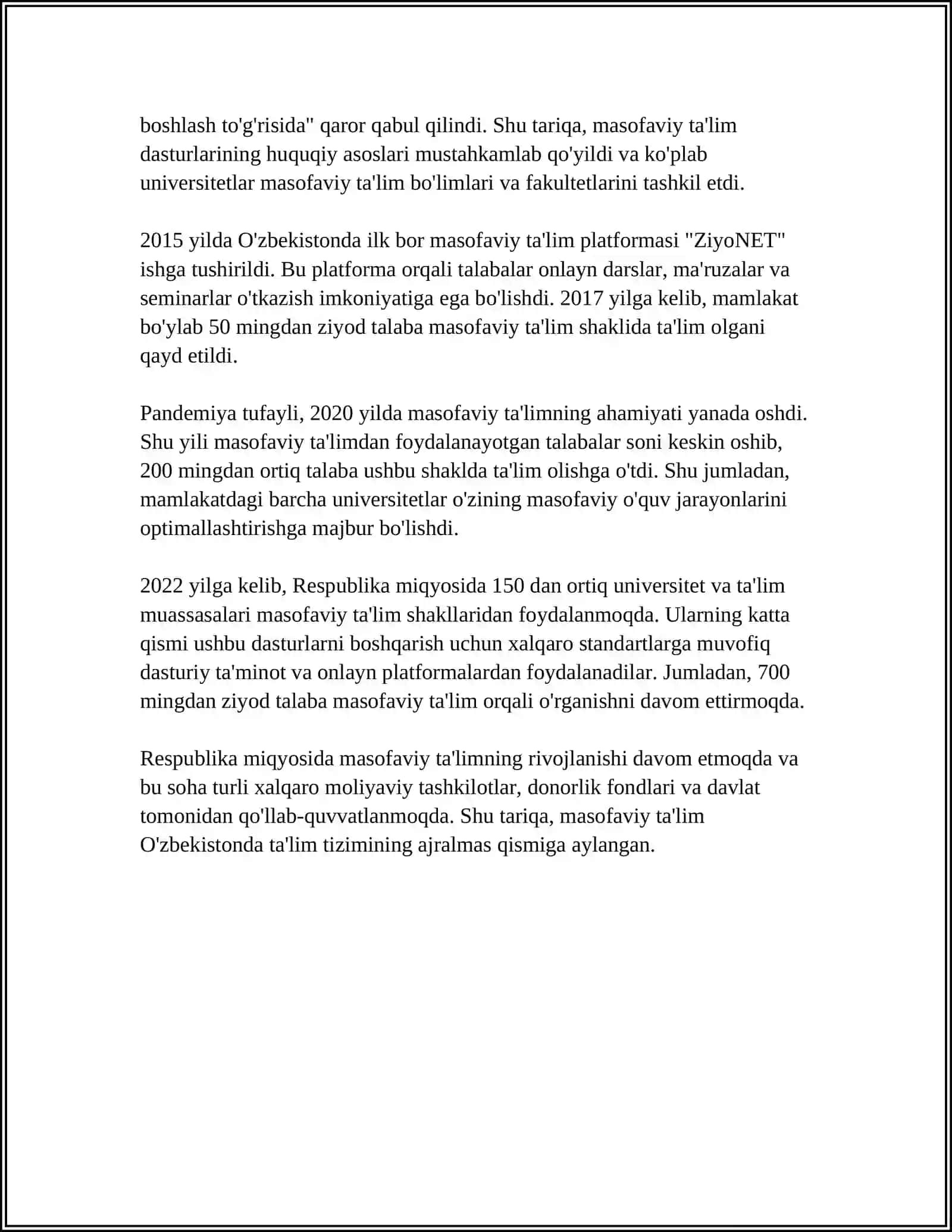 RESPUBLIKADA MASOFAVIY TAʼLIMNING RIVOJLANISHI VA BU SOHADA OLIB BORILGAN KOMPLEKS CHORA TADBIRLAR 4
