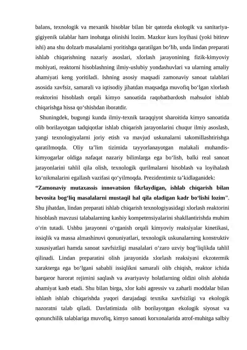 Lindan-preparati ishlab chiqarish texnologiyasidagi xlorlash reaktorini hisoblash (Quvvati: 215000 tonna) 4