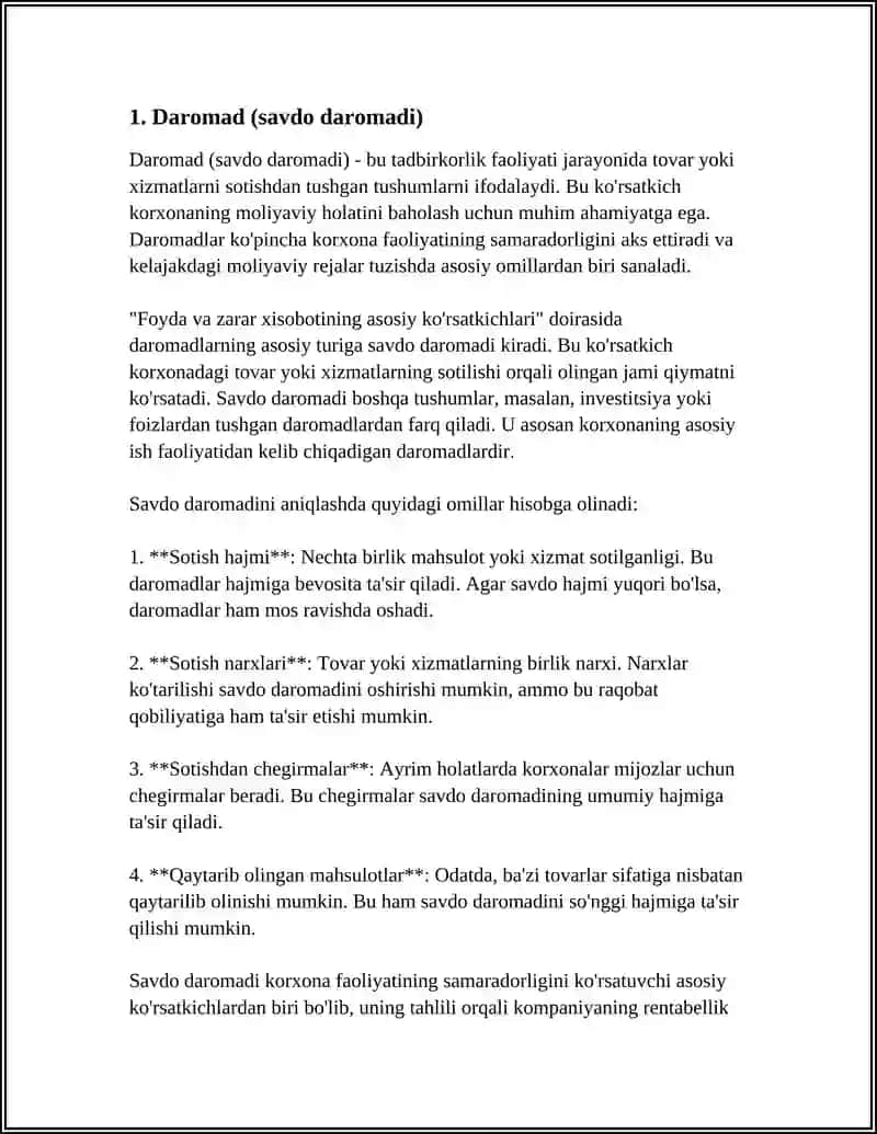 FOYDA VA ZARAR XISOBOTINING ASOSIY KORSATKICHLARI 4