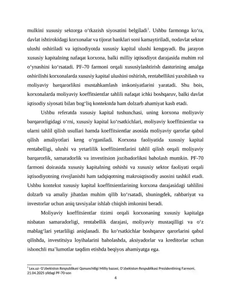 Xususiy kapital bilan bog‘liq boʻlgan moliyaviy koeffitsiventlar tahlil 4