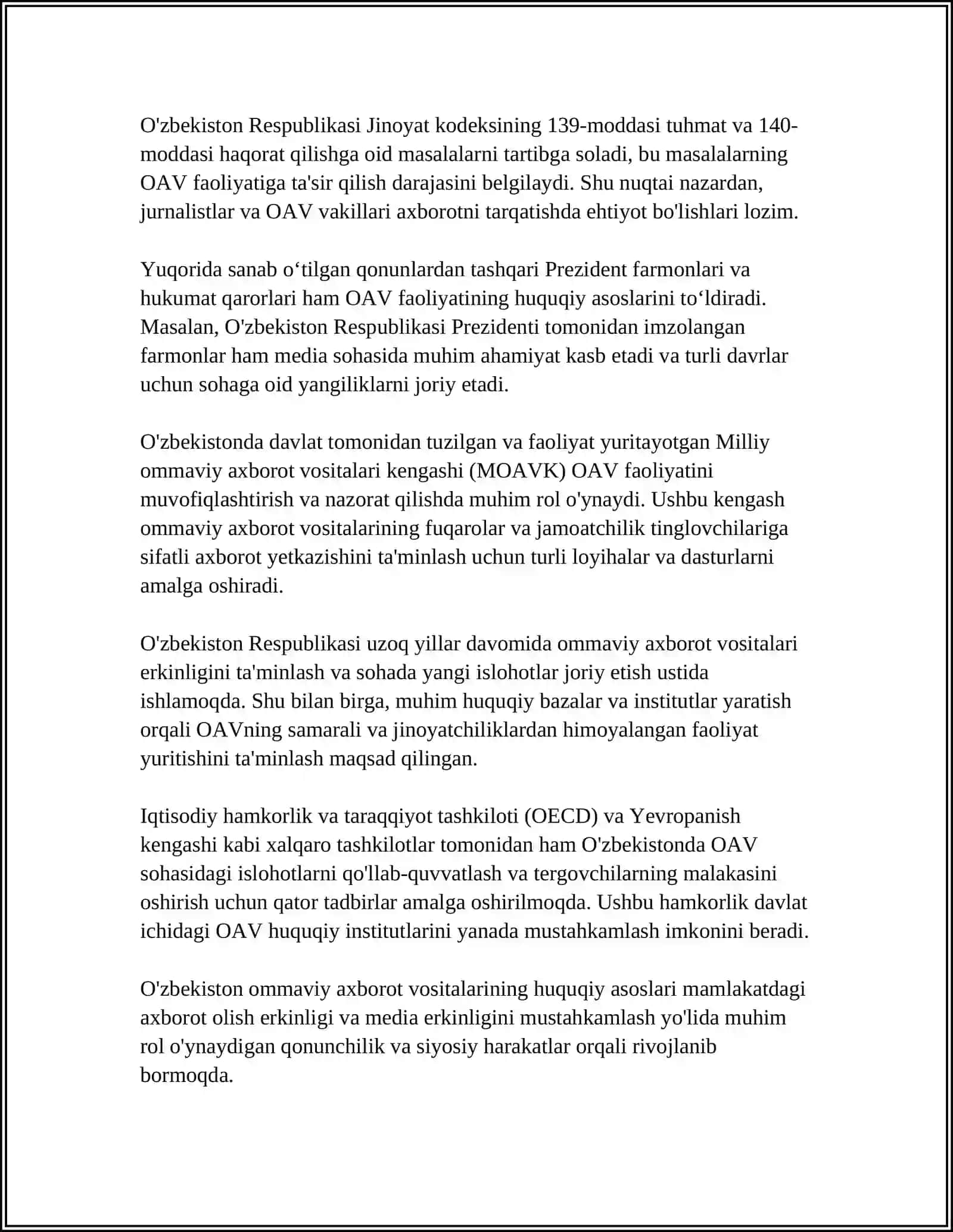 MUSTAQIL ISH Mavzu: OʻZBEKISTON RESPUBLIKASIDA OMMAVIY AXBOROT VOSITALARINING FAOLIYATI 4