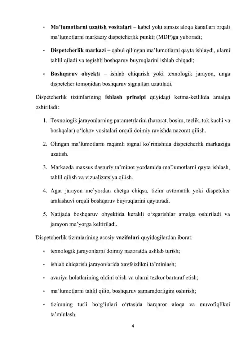 Raqamli dispetcherlik tezkor texnologik aloqa kanallarini tashkil etish va ularda turli rejimlarning qo‘llanilishi 4